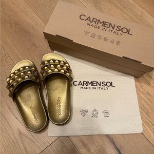Carmen Sol Metallic Gold Studded Slide Sandals - Women